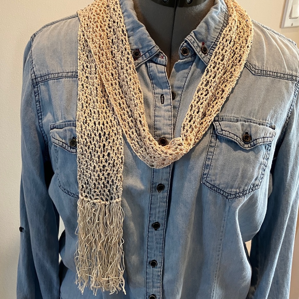 Boho crochet narrow fringed belt or long scarf, open weave with beaded stations